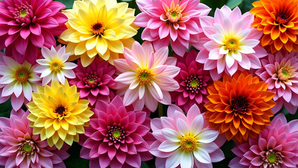 Fototapeta premium Vibrant Dahlia Flowers: Diverse Color Combinations, Dahlia Varieties, Dahlia Plants, Dahlia Buds, and Dahlia Full Blooms