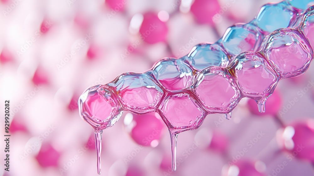 Poster close-up view of colorful hexagonal bubbles with a glossy finish, reflecting light and creating a vi