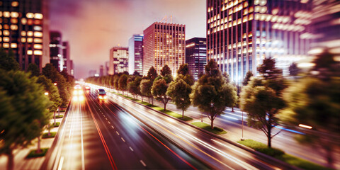 Fototapeta premium Cinematic scenery of modern metropolis. Swift, elusive, bright, elusive. Evening haze, flying lights, darkening sky behind high-rise buildings. Copy space. Banner, card, background, wallpaper.
