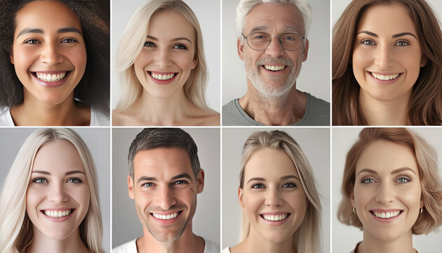 Different women and men on white background, closeup. Collage of photos