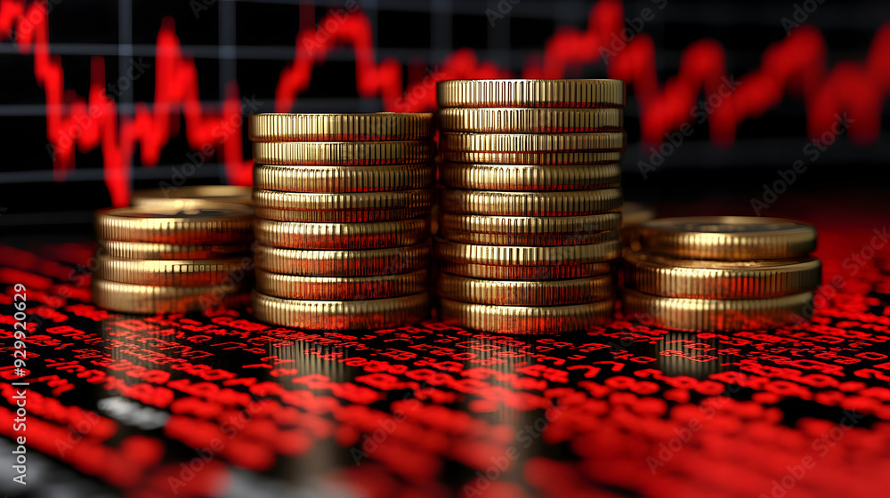 Poster stacked coins on a digital background with a declining graph.