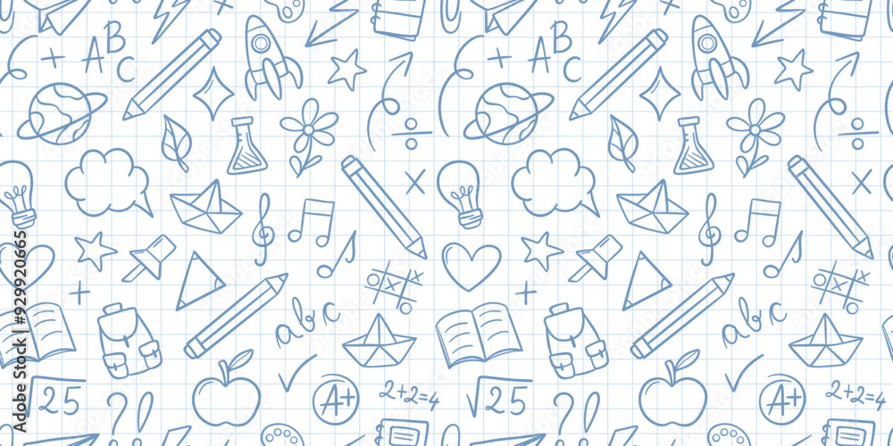 Poster back to school notebook doodles seamless repeating vector pattern background design