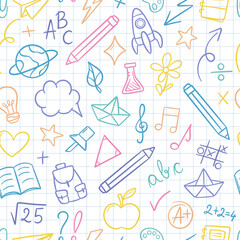 Colorful notebook back to school doodles seamless vector repeat pattern with scribbles, repeat tile