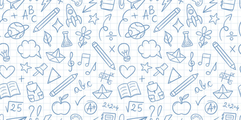 Back to school notebook doodles seamless repeating vector pattern background design