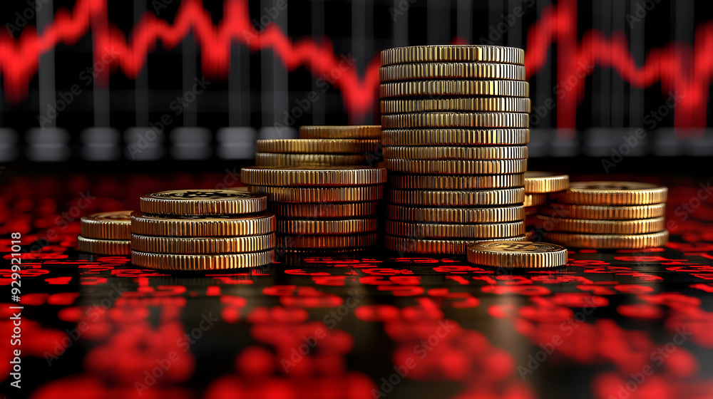 Poster stacks of coins with a red graph background, symbolizing finance.