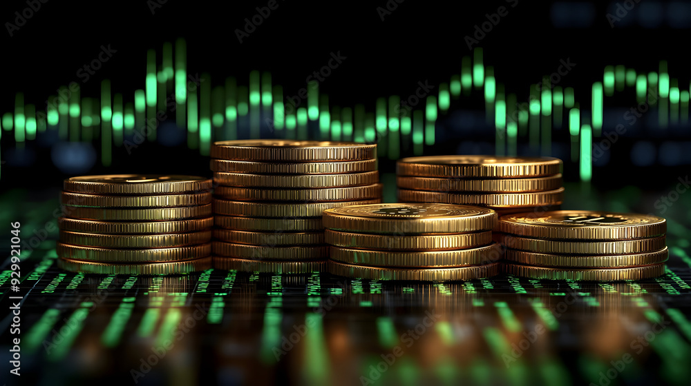 Poster stacks of coins with digital data background representing finance.