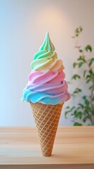 Vibrant soft-serve ice cream in pastel colors served in a waffle cone, perfect for summer treats and dessert photography.