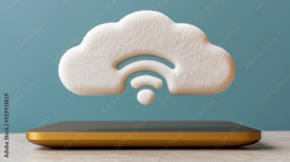 Poster a modern concept of cloud computing represented by a floating cloud icon above a smartphone, symboli