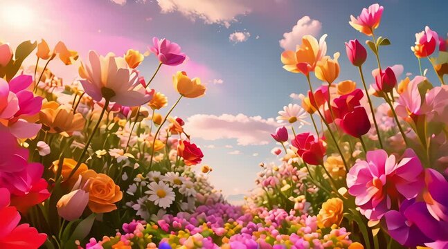beautiful background of colorful flowers with bright atmosphere, 4k video, generated ai