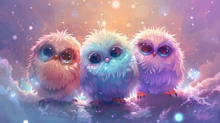 Fototapeta premium Three Adorable Owls in a Dreamy Setting