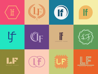 LF logo company template. Letter l and f logotype. Set different classic serif lettering and modern bold text with design elements. Initial font typography.