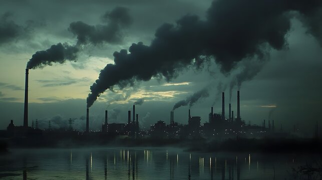 Front view of a factory, dense smoke in the sky, urban sprawl, twilight setting, artificial lights, gritty realism, polluted air, foreboding mood, dramatic tones