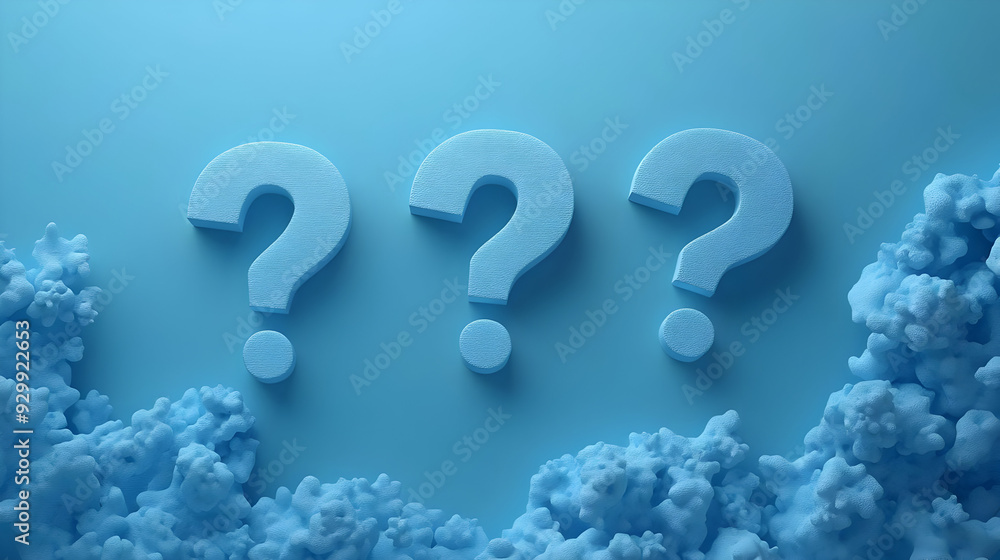 Poster three question marks against a blue background with clouds.