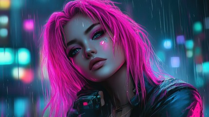 Fototapeta premium Cyberpunk girl with pink hair in a neon-lit rain-soaked cityscape