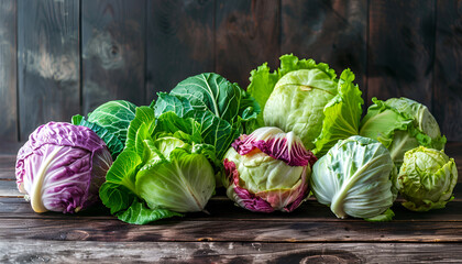 Many different types of fresh cabbage on wooden table