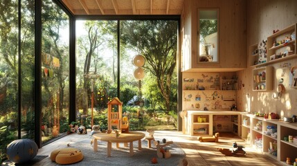 Fototapeta premium Wooden playroom with large windows overlooking a lush green forest, featuring a round wooden table with four chairs, a large blue globe, and a wooden toy storage unit.