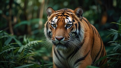 A fierce tiger crouched in the jungle