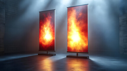 Naklejka premium Two banners displaying a fiery design in a dimly lit space.