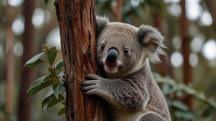 Obraz premium A gentle koala clinging to a eucalyptus tree