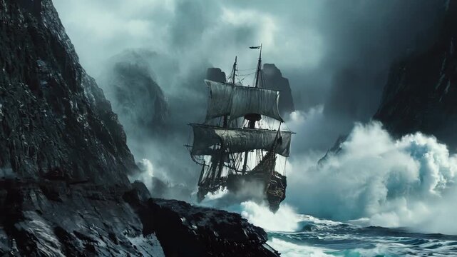 Pirate ship sailing by rock cliffs. Historical sailing vessel in the sea. Maritime adventure and exploration. Navigating through rough waters