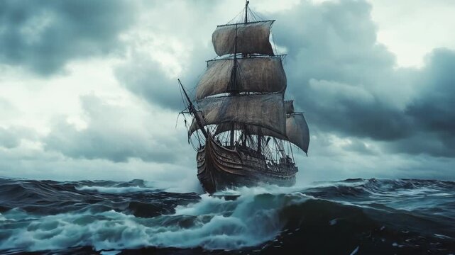 Pirate ship sailing in the stormy sea under overcast sky. Historical sailing vessel in ocean. Maritime adventure and exploration. Navigating through waters