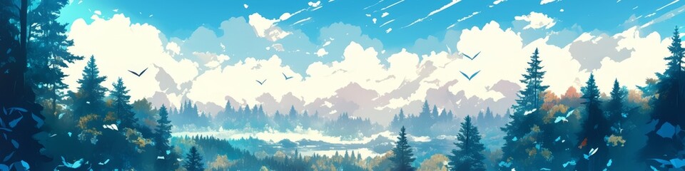 Fototapeta premium Enchanting Anime-Style Forest Landscape: Creative Abstract Design for Seasonal Marketing. Soft-Hued Digital Art for Christmas Cards, Winter Themes, and Storybook Illustrations. Versatile UI Decoration