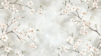 Obraz premium A serene floral background featuring delicate cherry blossom branches against a soft, cloudy backdrop.