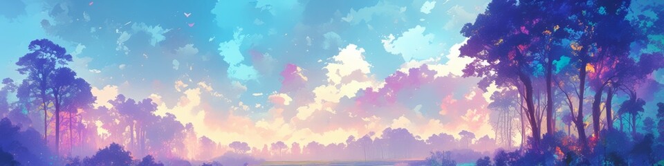 Obraz premium Enchanting Anime-Style Forest Landscape: Creative Abstract Design for Seasonal Marketing. Soft-Hued Digital Art for Christmas Cards, Winter Themes, and Storybook Illustrations. Versatile UI Decoration