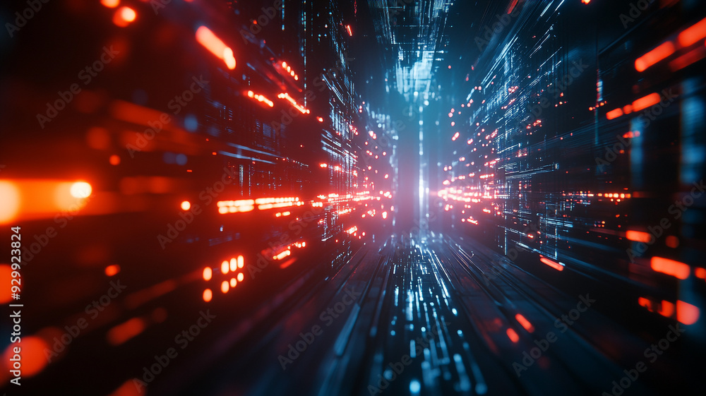 Poster futuristic tunnel with glowing blue and red lights creating a sense of motion and depth