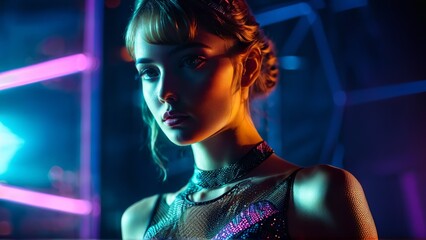 Mesh lingerie set geometric patterns futuristic vibe neon lighting edgy and modern