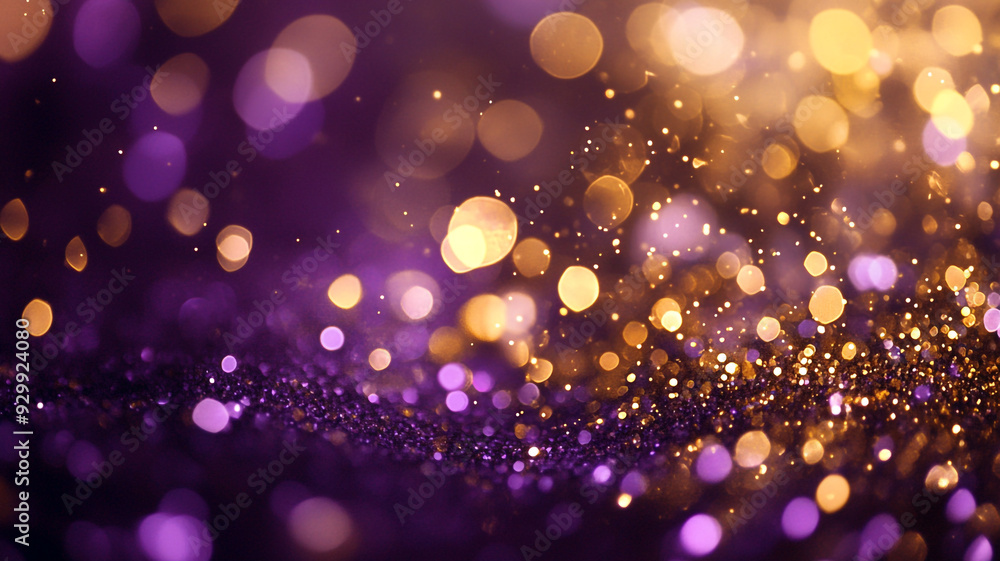 Poster shimmering purple and gold bokeh effect with soft lights creating a festive atmosphere