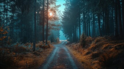 Obraz premium A winding path through a serene forest at sunrise