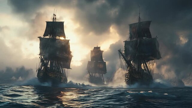 Fleet of pirate ships sailing in misty sea under dramatic sky. Maritime adventure and exploration concept. Navigating through foggy waters. Seafaring history