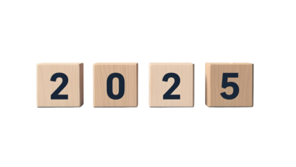3D rendering of wooden blocks arranged to display the year 2025, isolated on transparent background PNG. Ideal for new year celebrations, future planning, business goals, and milestone concepts.
