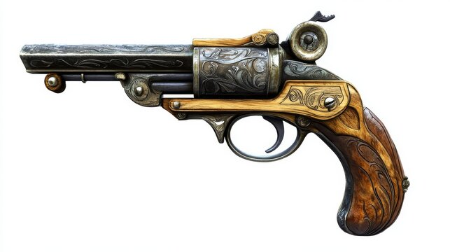 OLD pirate flintlock pistol, cutout PNG file of an old pirate gun weapon with a transparent background