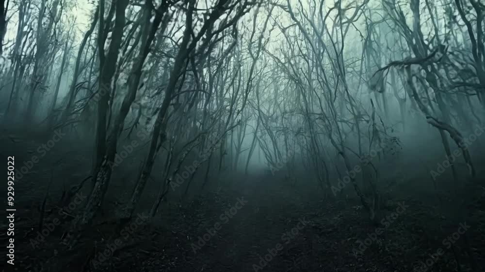 Poster navigating a spooky forest path enveloped in fog, with eerie trees and a mystical glow perfect for h