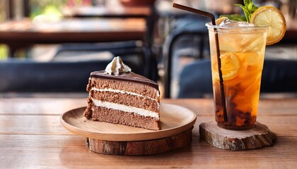 カフェで一切れのチョコレートケーキと飲み物のセット