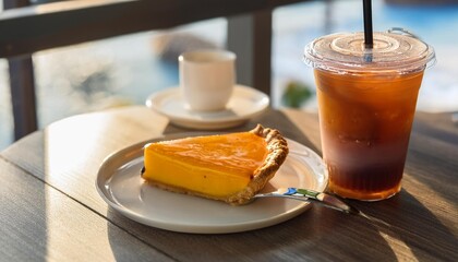 カフェで一切れのタルトと飲み物のセット