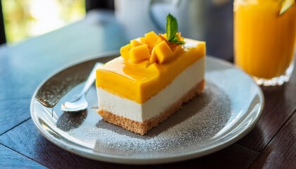 お皿に乗せたマンゴーのカットタルトケーキ一切れ