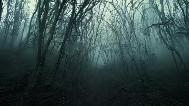 Navigating a spooky forest path enveloped in fog, with eerie trees and a mystical glow perfect for halloween or a fall adventure