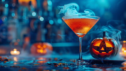 Orange cocktail mixed for halloween evening with black background