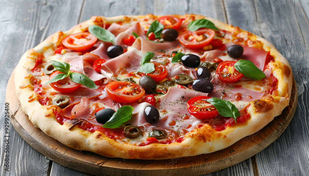 Canvas Prints Tasty pizza with cured ham, olives, tomatoes and basil on gray wooden table, flat lay