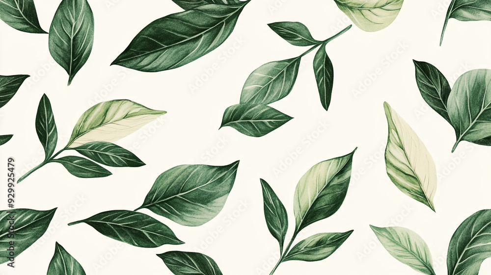 Poster green leaves scattered on a light background showcasing various shapes and textures in close-up view