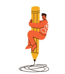 Young man climbing on huge yellow pencil. Vector illustration. Flat