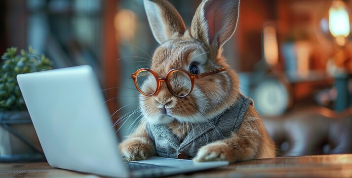 a rabbit in glasses working on a laptop, surrounded by a warm and inviting ambiance. The rabbit's curious look and the setting give a sense of a studious yet adorable character.