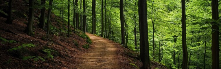 Path winding through a lush green forest on a sunny day