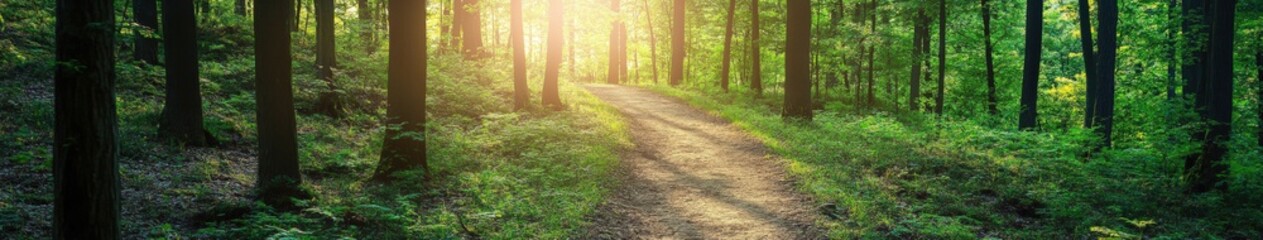 Fototapeta premium Sunlight filters through trees along a winding forest path