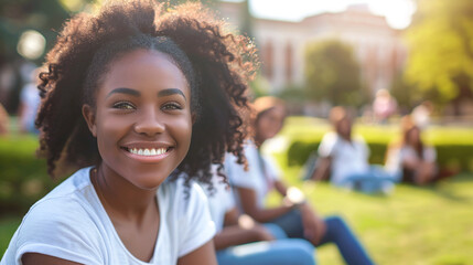Fototapeta premium Smiling beautiful African American student in t-shirt sitting with classmates on lawn of university campus