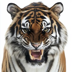 Fototapeta premium White background with an angry tiger roaring and open mouth