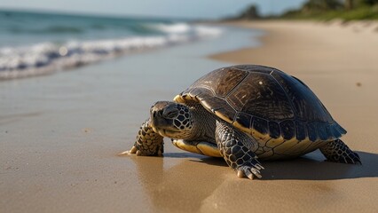 Obraz premium A tranquil turtle resting on a sandy beach